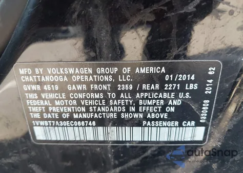 2014 Volkswagen Passat 1.8T Se from USA, damaged, VIN 1VWBT7A30EC066746
